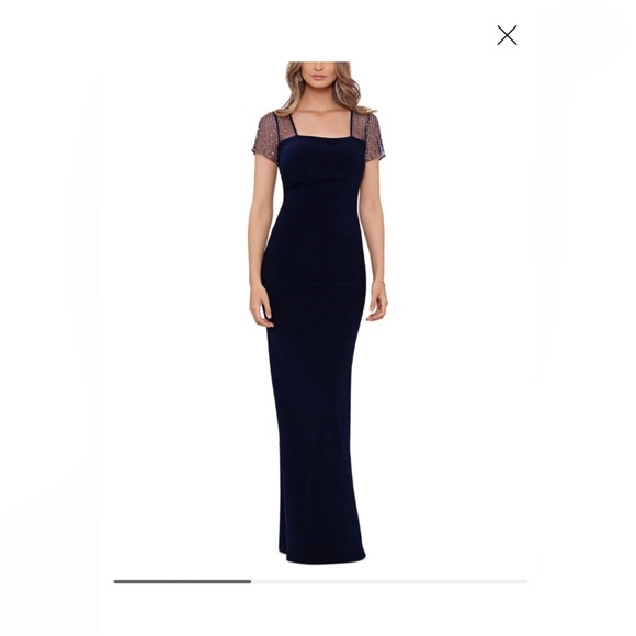 betsy & adam petite short sleeve mesh gown navy silver.              E - Picture 1 of 12